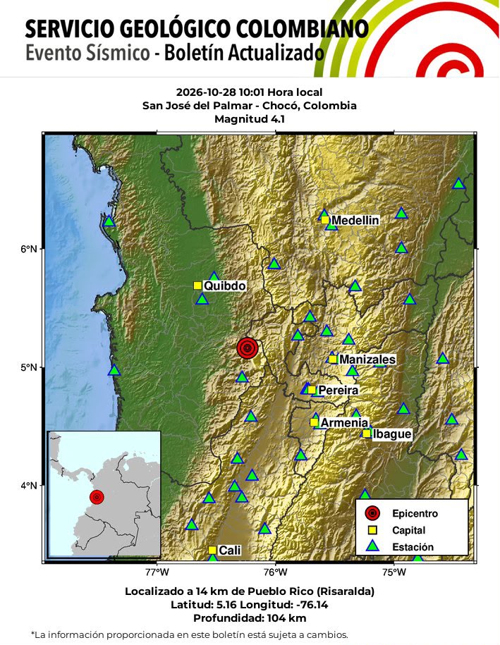 Sismo en Chocó de 4,1: epicentro cerca de Risaralda