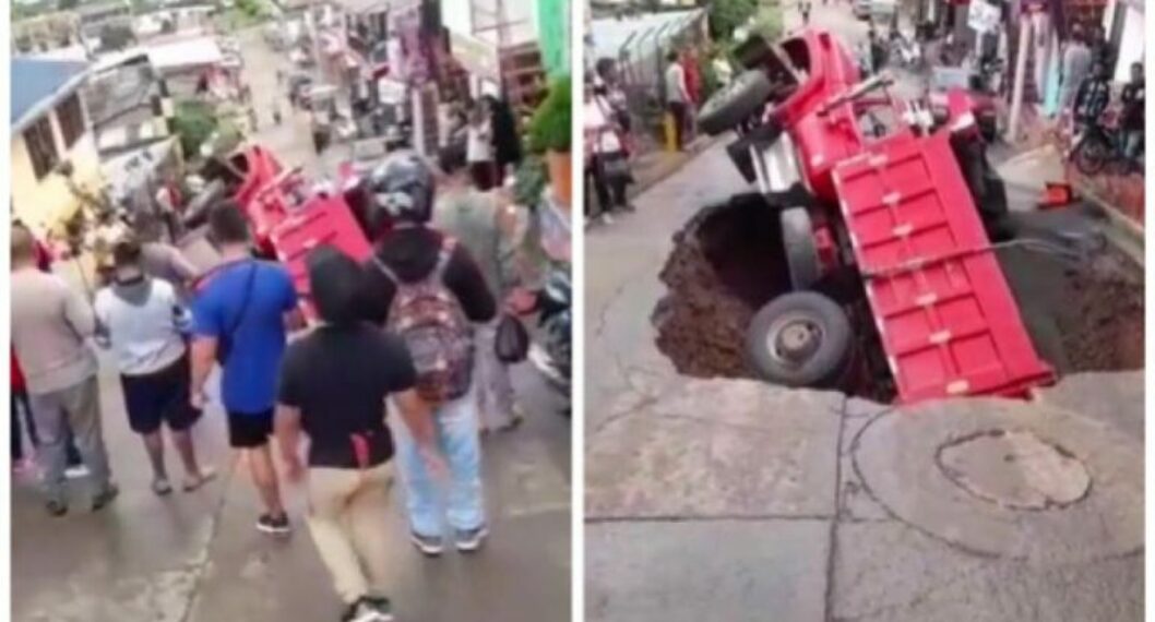 Una vía se abrió en Valle del Cauca y se tragó una volqueta.