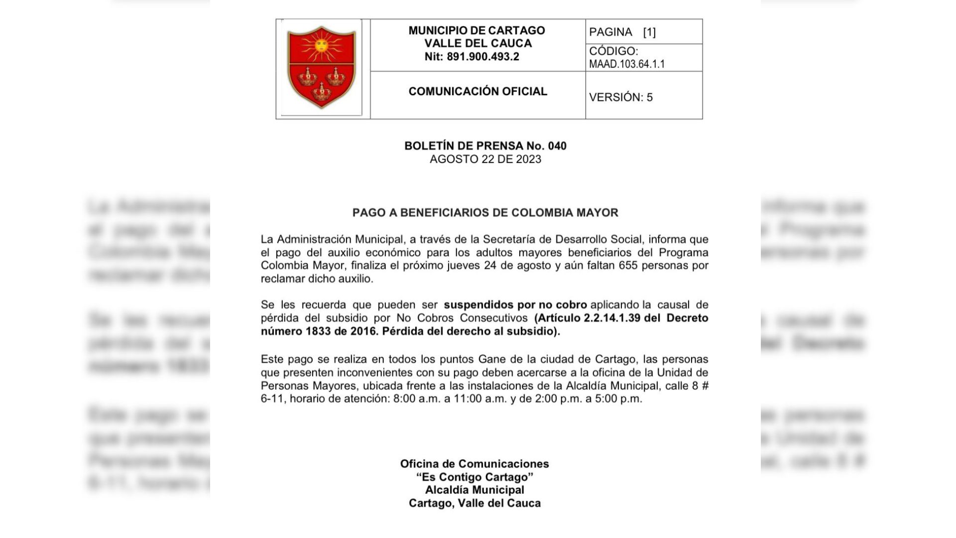 Colombia Mayor en Cartago: Últimos días para cobro