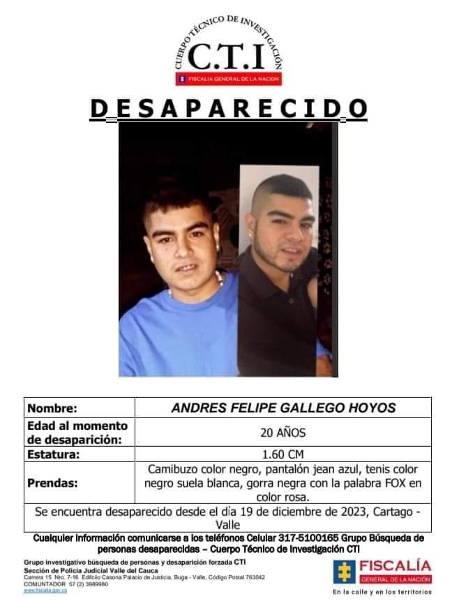 Andrés Felipe Gallego Hoyos Reportado Desaparecido En Cartago