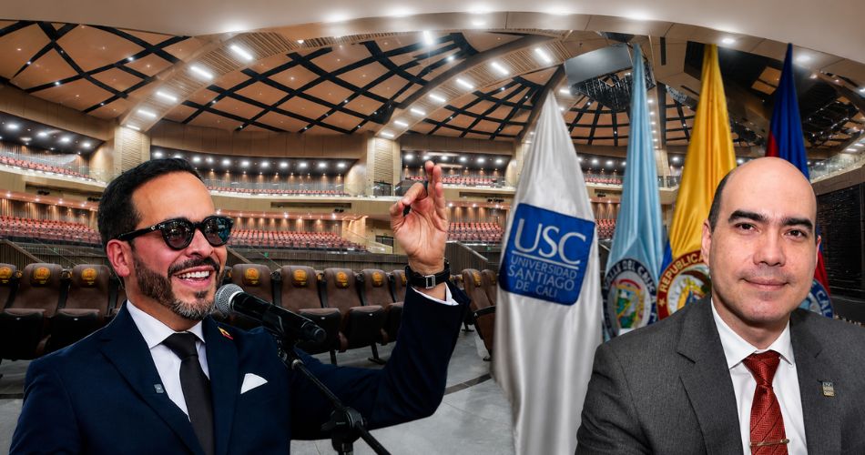 Abelardo de la Espriella, el rector Carlos Andrés Pérez Galindo y la Arena USC, escenario elegido para la posesión presidencial en Cali.
