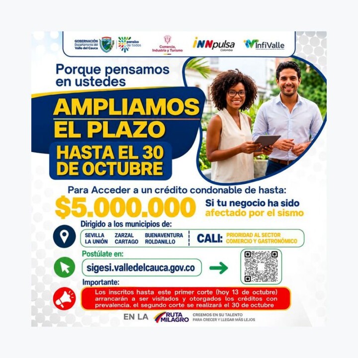 Amplían plazo hasta el 30 de octubre para solicitar créditos condonables dirigidos a emprendedores afectados por el terremoto.