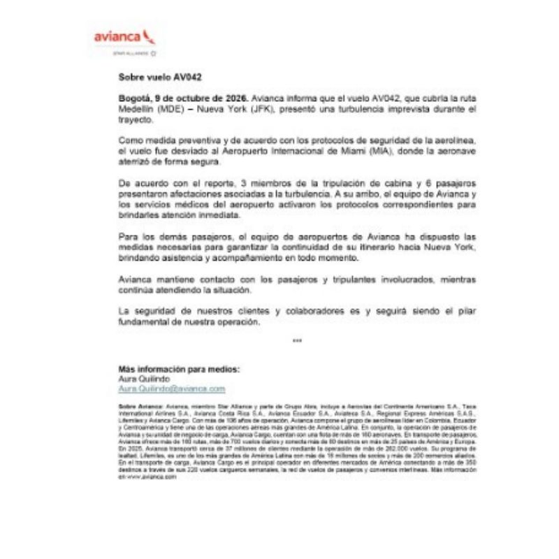 Comunicado oficial de Avianca sobre las turbulencias en vuelo AV042 y las nueve personas afectadas.