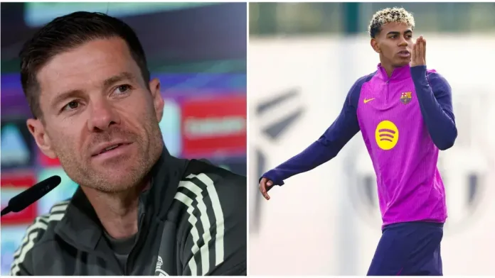 Xabi Alonso y Lamine Yamal calientan la previa del clásico Real Madrid vs Barcelona en el estadio Santiago Bernabéu