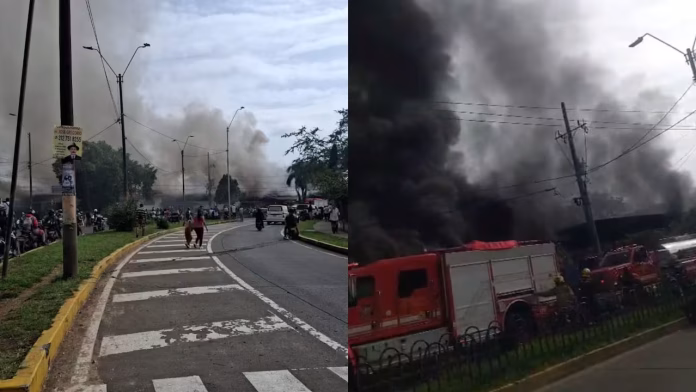 Bomberos atienden incendio estructural durante la Emergencia en Cali junto a la estación de Policía de El Lido