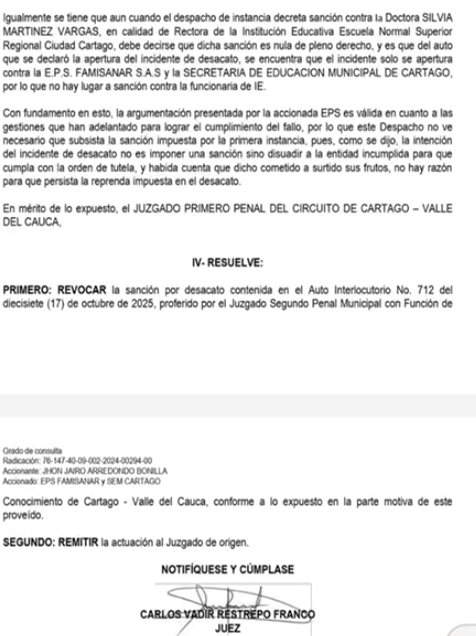 Revocan sanción judicial contra el alcalde de Cartago tras aclaración del Juzgado Primero Penal del Circuito.