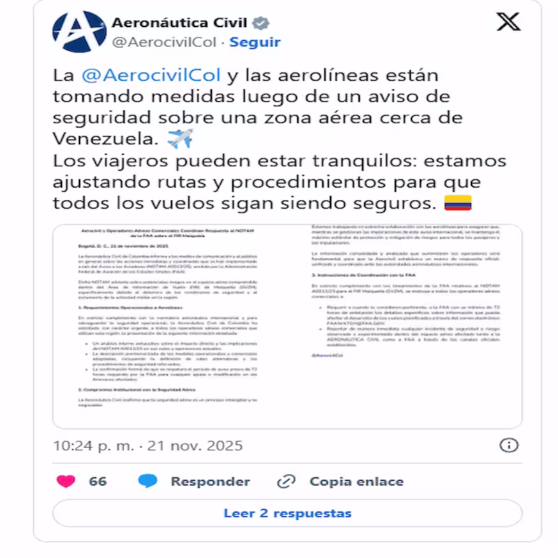 Comunicado de Aerocivil con lineamientos operativos tras aviso de seguridad aérea en la región.