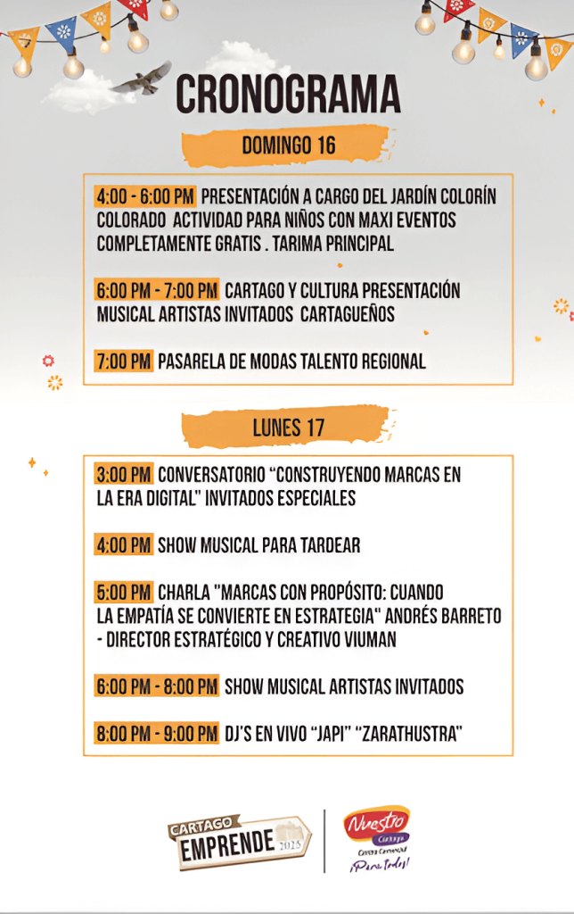Cronograma de actividades de La feria Cartago Emprende en Nuestro Cartago.