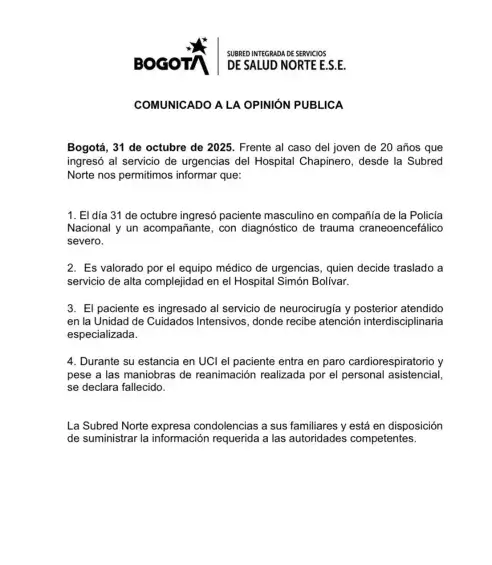 Comunicado oficial de la Subred Norte E.S.E sobre el ingreso del estudiante tras la Fiesta de Halloween en Bogotá