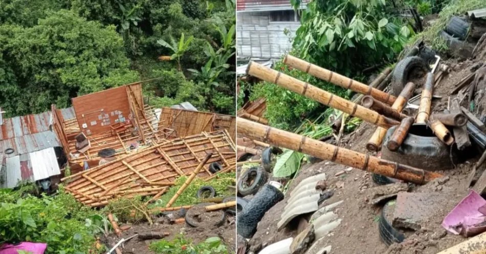 Estructuras y material vegetal desplazados por deslizamiento en ladera rural del Quindío, en contexto donde las lluvias mantienen alerta por crecientes de ríos y quebradas.