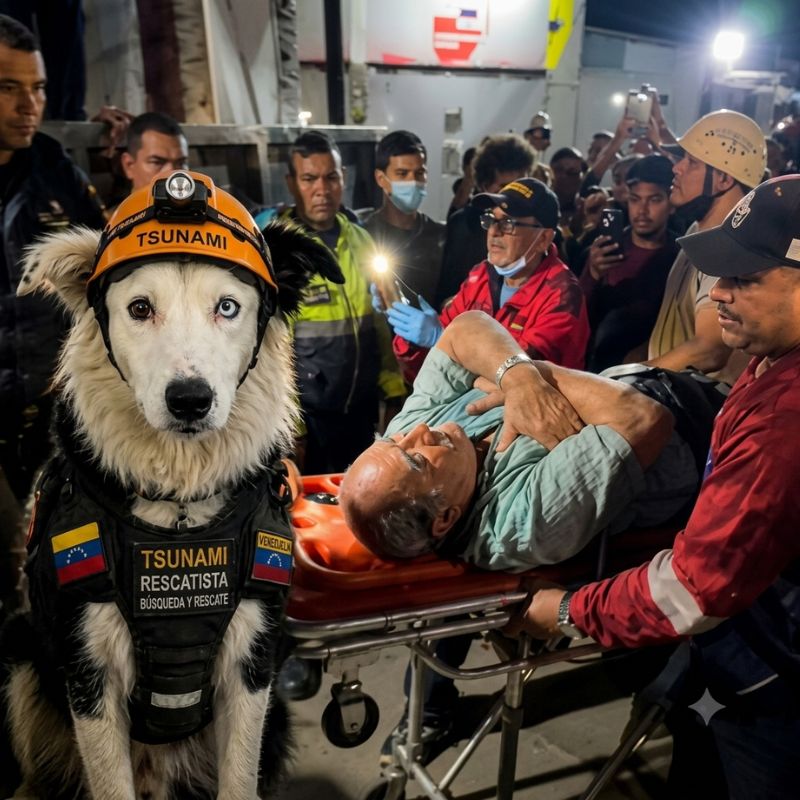 Tsunami perro rescatista de la brigada canina sobre escombros en Venezuela