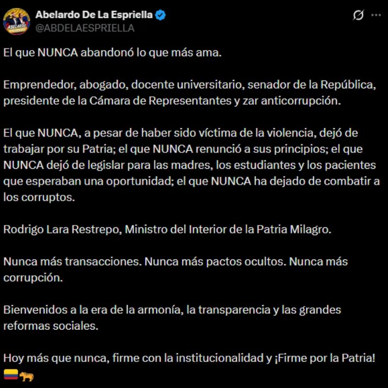 Rodrigo Lara, ministro del Interior designado por el presidente electo Abelardo De La Espriella
