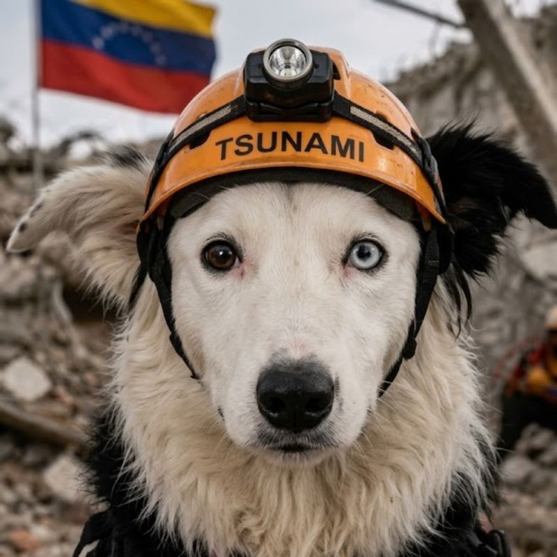 Tsunami perro rescatista liderando labores de búsqueda entre escombros en Venezuela