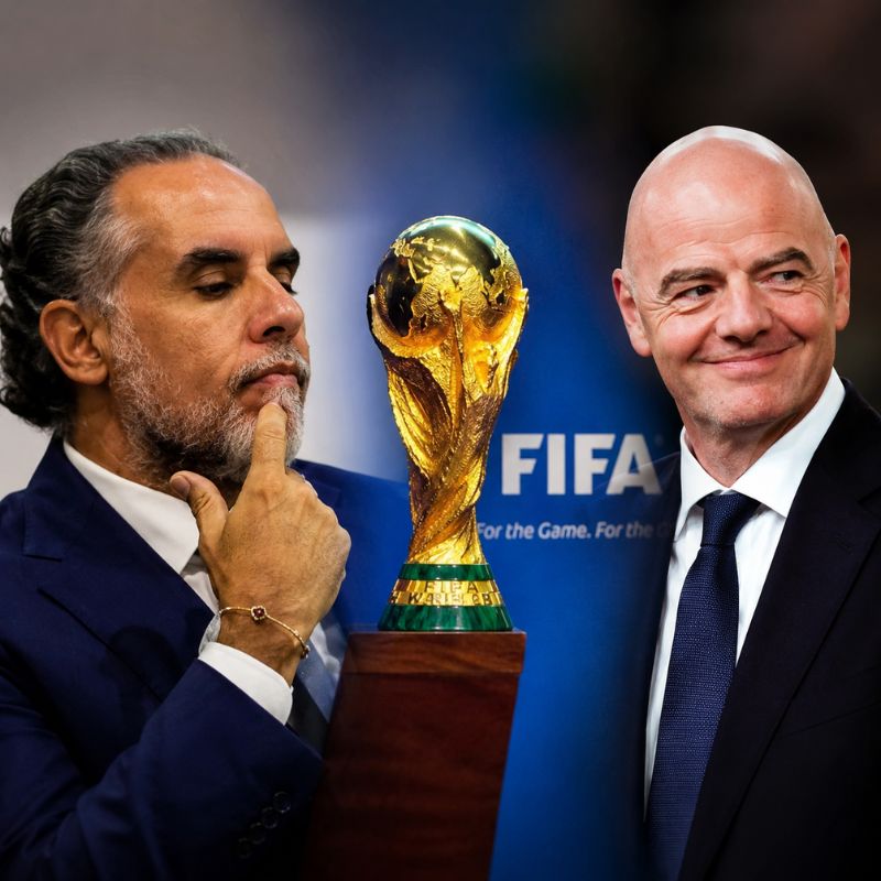 Armando Benedetti y Gianni Infantino junto al trofeo de la Copa del Mundo en una imagen relacionada con el debate sobre el formato y la organización del Mundial 2026.