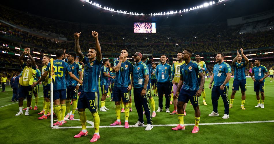 Futbolistas de la Selección Colombia celebran en el campo durante su participación en la fase de grupos del Mundial 2026.