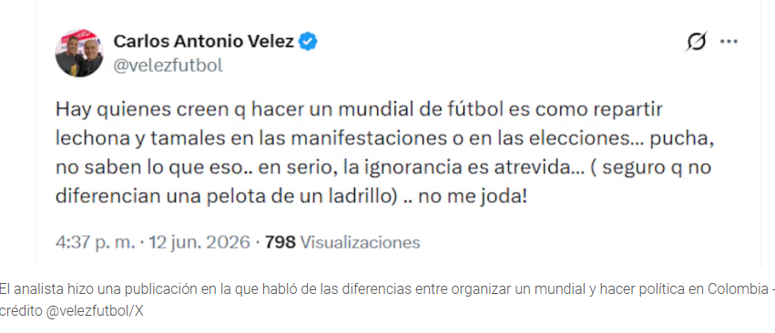 Carlos Antonio Vélez durante una intervención pública en medio del debate generado por comentarios sobre la organización del Mundial 2026.