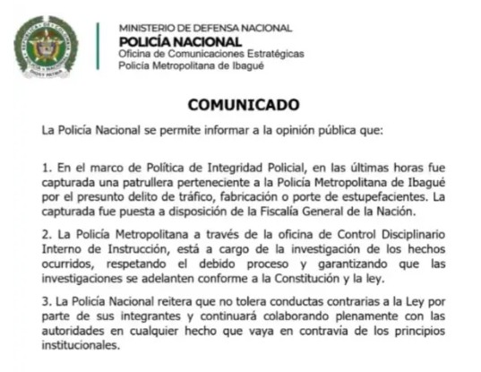 Patrullera de la Policía Nacional involucrada en una investigación tras un procedimiento realizado en el Centro de Reclusión Transitorio Permanente Central de Ibagué.