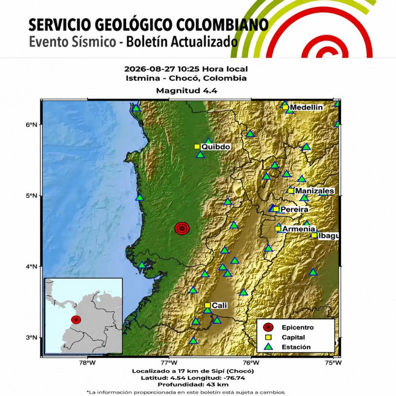 Sismos en Colombia hoy con epicentro en Istmina, Chocó, donde se registró un movimiento de magnitud 4,4