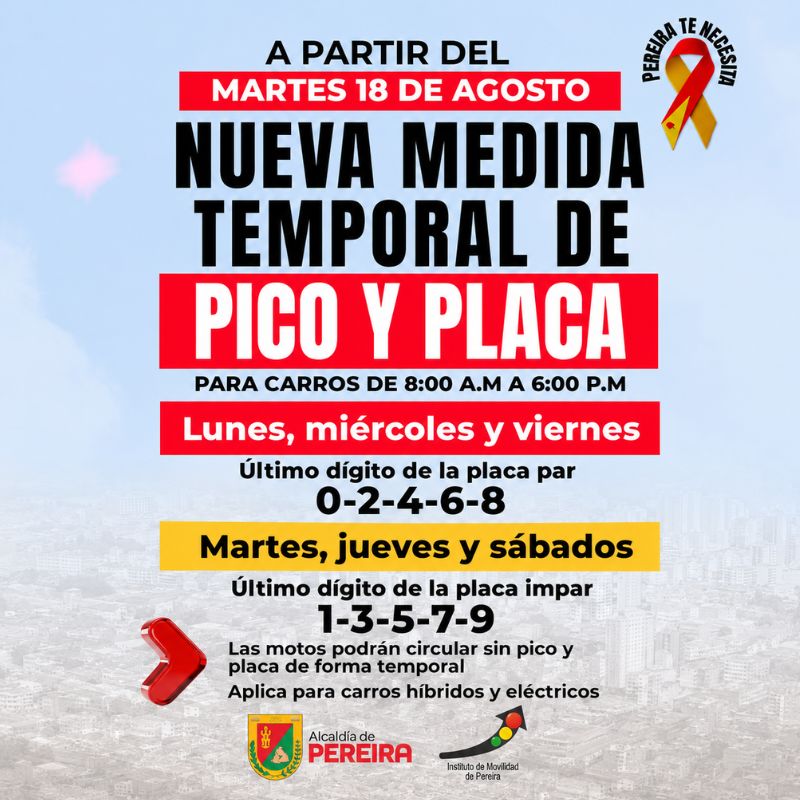 Infografía sobre el nuevo pico y placa temporal en Pereira, con horarios y placas autorizadas por día.