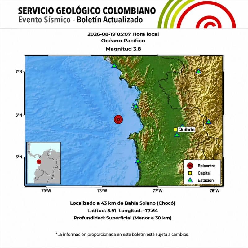 Mapa del SGC sobre el temblor hoy en Colombia registrado en el océano Pacífico.