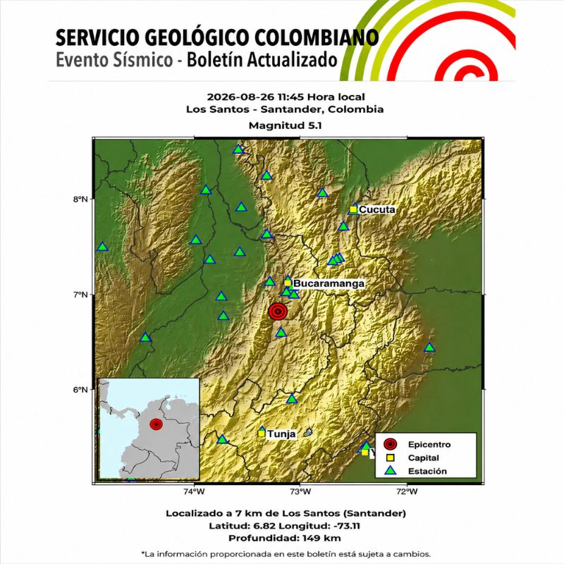Temblor en Colombia de magnitud 5.1 localizado en Los Santos, Santander, según boletín del Servicio Geológico Colombiano.