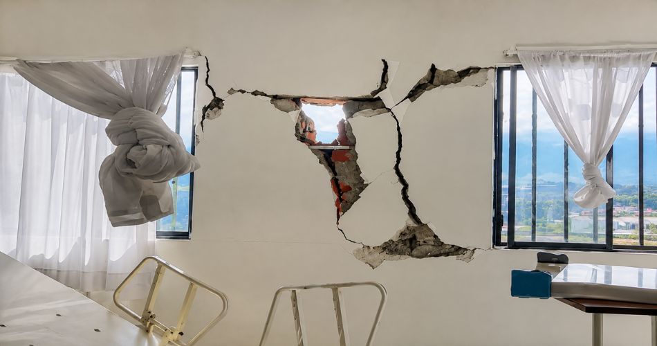 Hospital San Jorge de Pereira con grietas y daños visibles en una pared de una de sus áreas internas.
