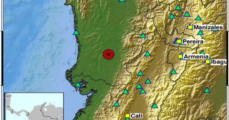 Temblor en Chocó señalado en el mapa con referencias de Cali, Pereira, Armenia y Manizales.