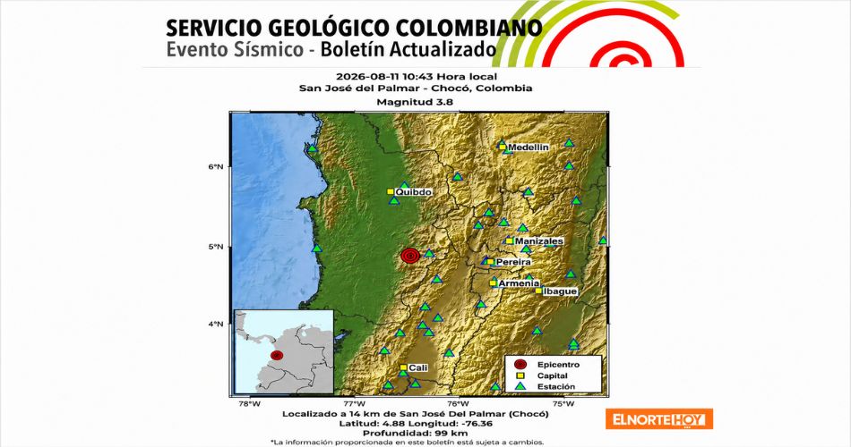 Mapa del SGC muestra el nuevo sismo en Chocó de magnitud 3,8 cerca de San José del Palmar.