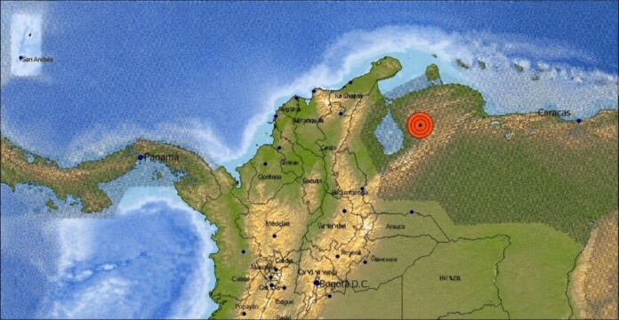Temblor en Caracas señalado en un mapa de Colombia y Venezuela