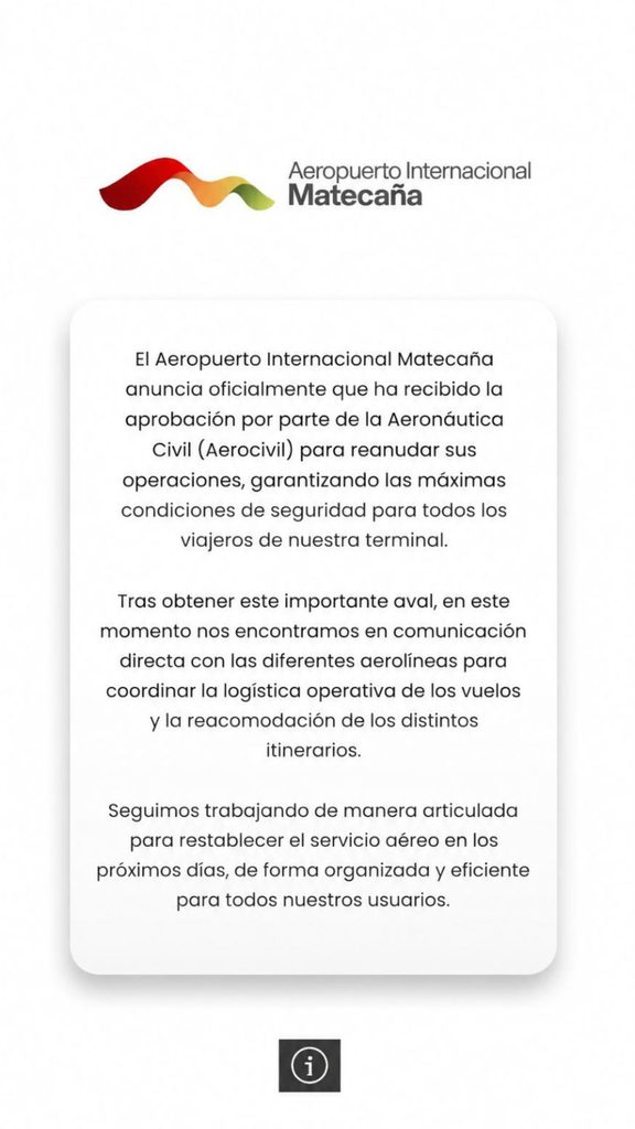 Aeropuerto Matecaña recibe aprobación para reanudar operaciones luego de las afectaciones por el terremoto.