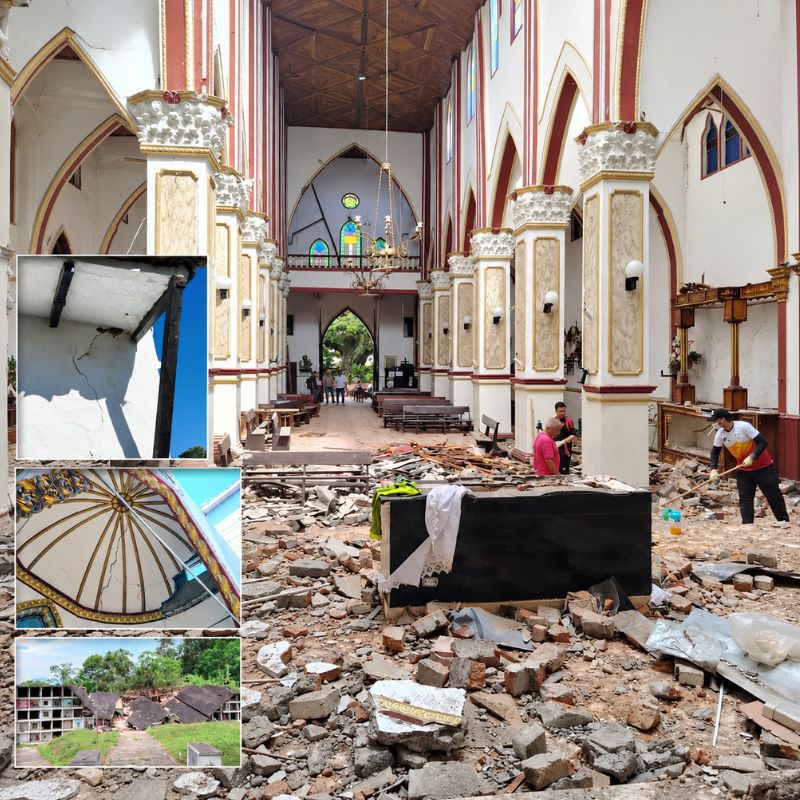 Parroquia Nuestra Señora del Perpetuo Socorro de Alcalá con daños visibles en su interior tras el terremoto.