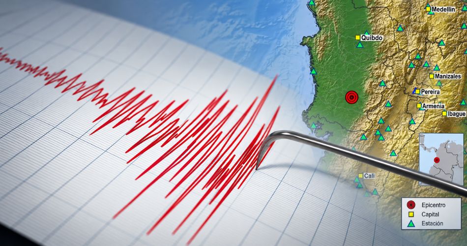Temblor de 3,6 en Colombia representado en un mapa sísmico con registro de ondas.