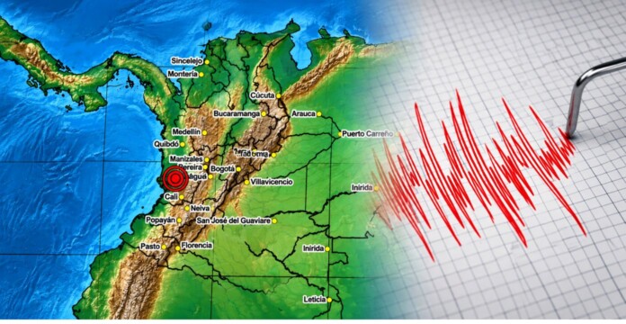 Nuevo sismo en Colombia representado con mapa del país, punto sísmico y registro de un sismógrafo