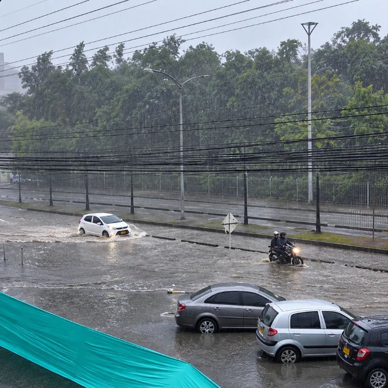 Emergencias por lluvias en Pereira: personal de gestión del riesgo revisa reportes mientras un operario corta ramas caídas.