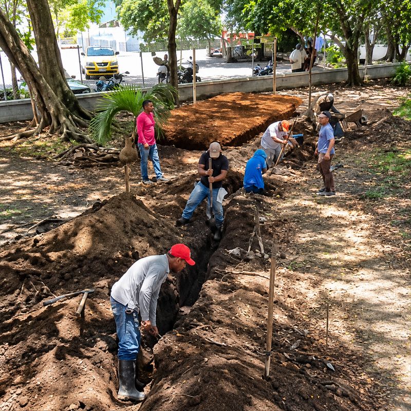Parque de Santa María en remodelación, con operarios realizando excavaciones y movimientos de tierra.